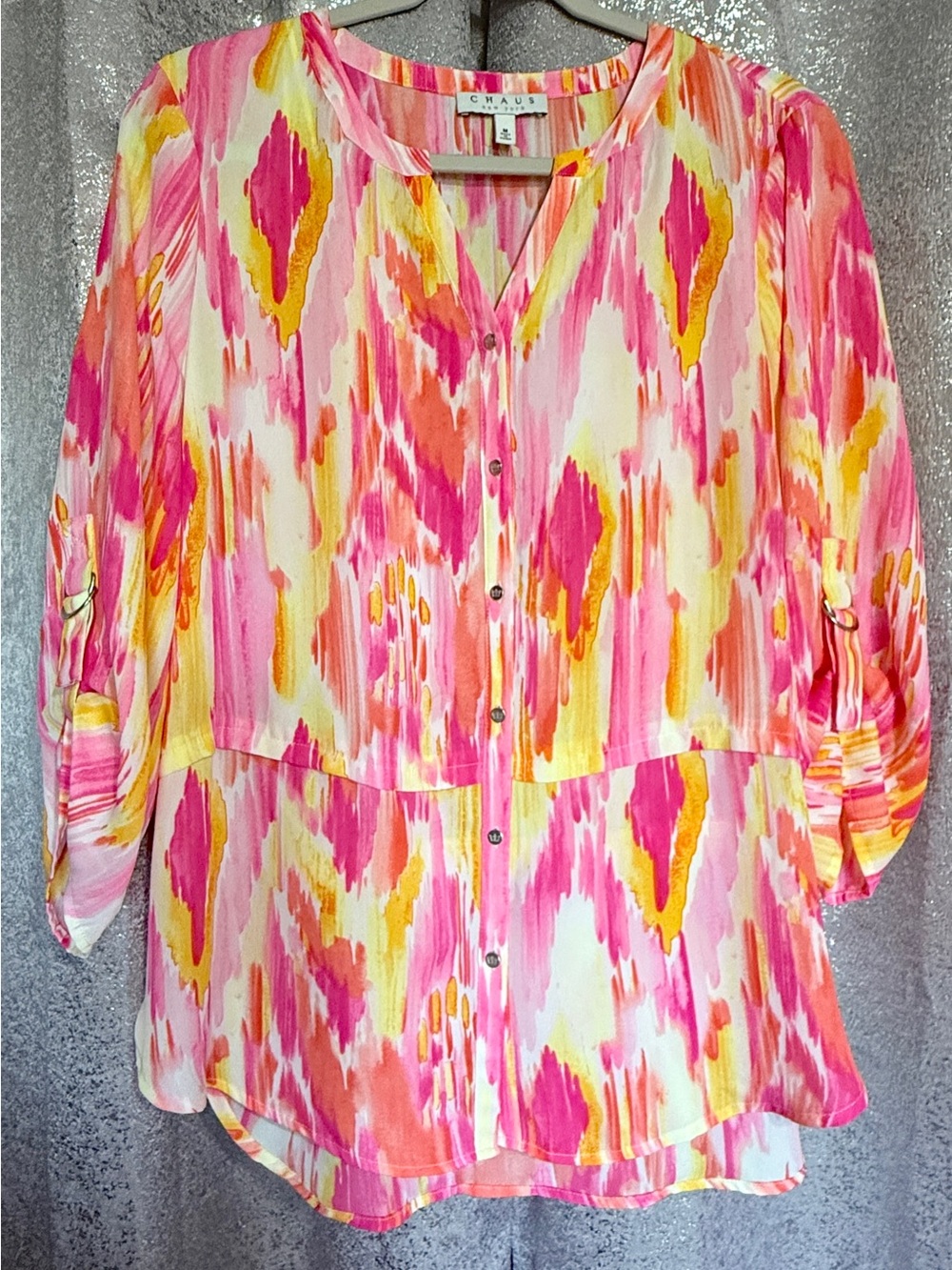 Chaus Pink Yellow Orange Printed Button-Down Blouse, lightweight, fun in the sun